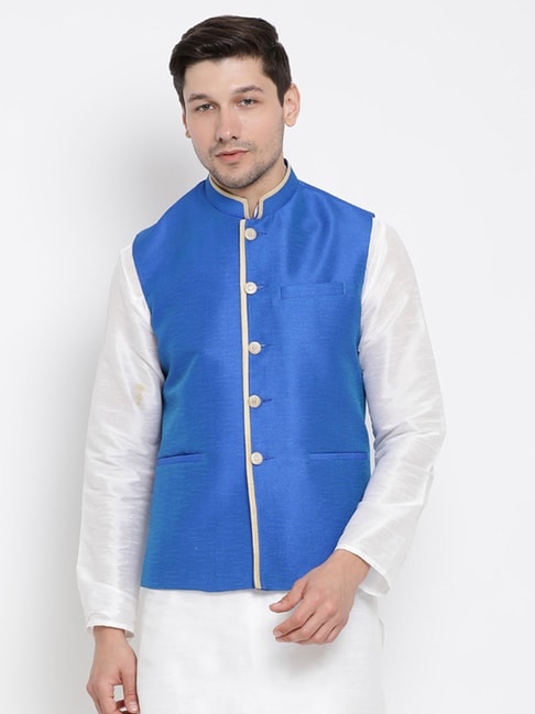VASTRAMAY Blue Straight Fit Nehru Jacket