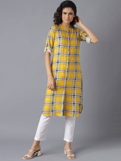 Aurelia Yellow Chequered Kurta Pant Set Price in India