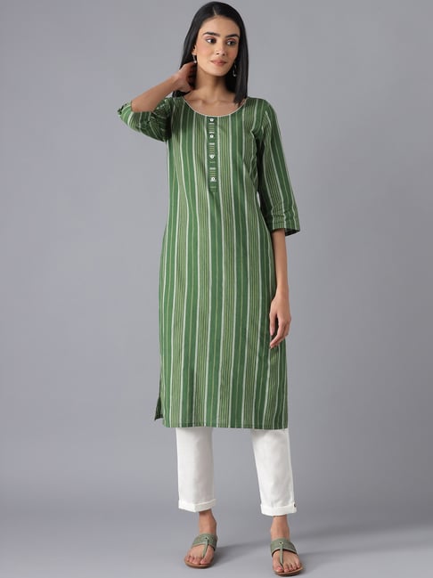 Aurelia Green Cotton Striped Kurta Pant Set Price in India