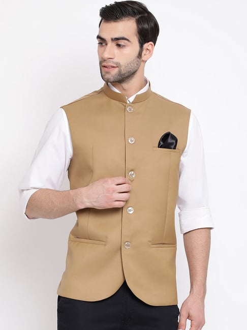 Buy Cream with Rust Art Silk Mens Nehru Jacket (NMK-6976) Online