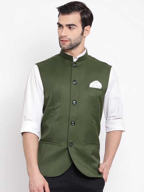 Bottle Green Viscose Satin Nehru Jacket Set Design by Dhruv Vaish at  Pernia's Pop Up Shop 2024