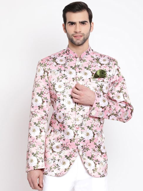 VASTRAMAY Pink Straight Fit Floral Print Nehru Jacket