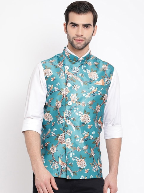VASTRAMAY Turquoise Straight Fit Floral Print Nehru Jacket