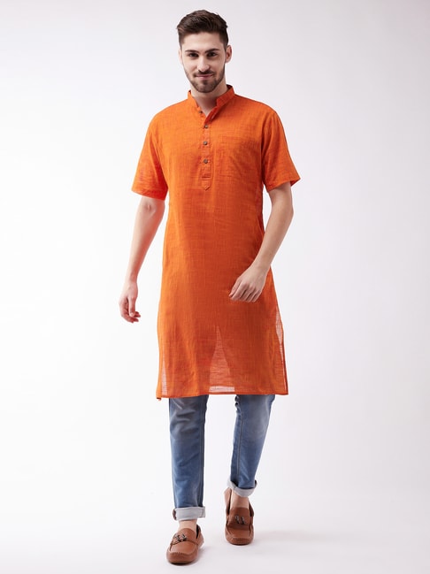 VASTRAMAY Orange Cotton Straight Fit Self Pattern Kurta