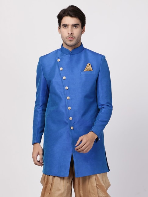 VASTRAMAY Royal Blue Straight Fit Striped Sherwani