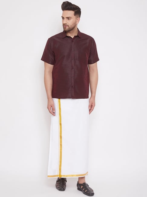 VASTRAMAY Brown & White Straight Fit Self Pattern Shirt With Mundu