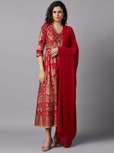 Aurelia Red Embellished A-Line Dress With Dupatta Price in India