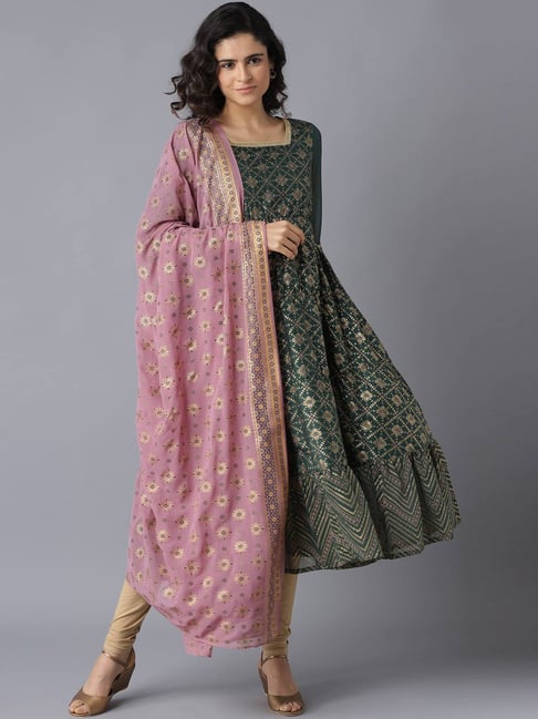 Aurelia Green & Pink Embroidered Kurta Leggings Set With Dupatta Price in India