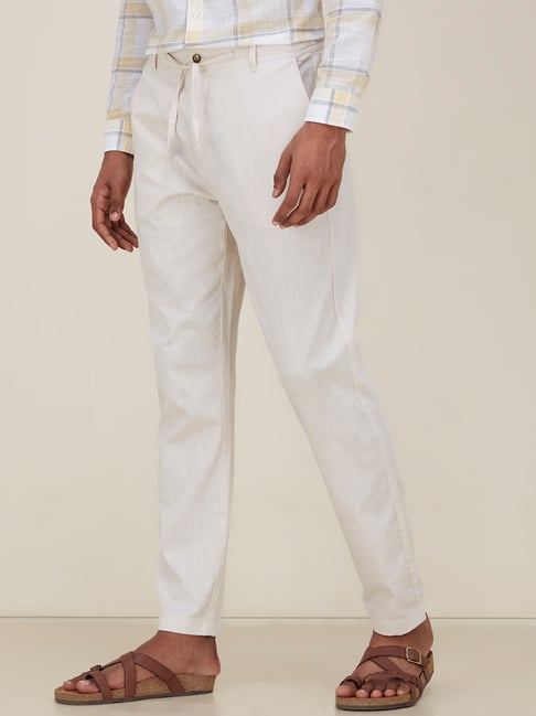 Linen Club White Casual MidRise Active Waist Trouser For Men