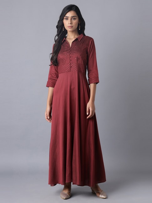 W Maroon Embellished Maxi Dress Price in India