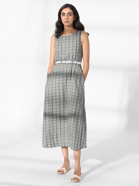 W Grey Chequered A-Line Dress Price in India