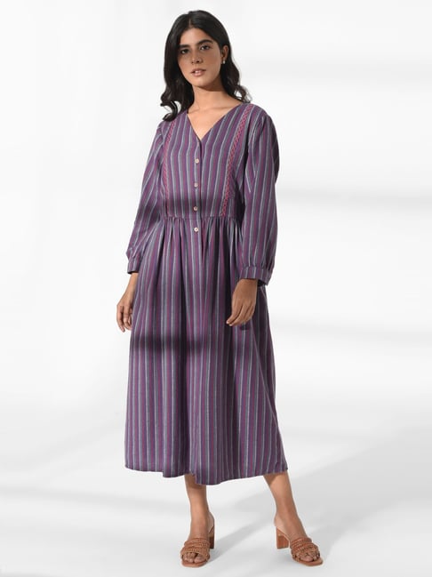 W Purple Cotton Striped A-Line Dress Price in India