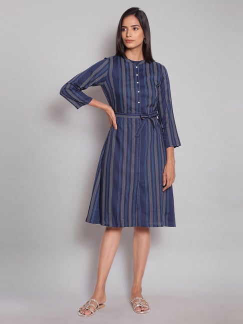 W Navy Striped A-Line Dress Price in India