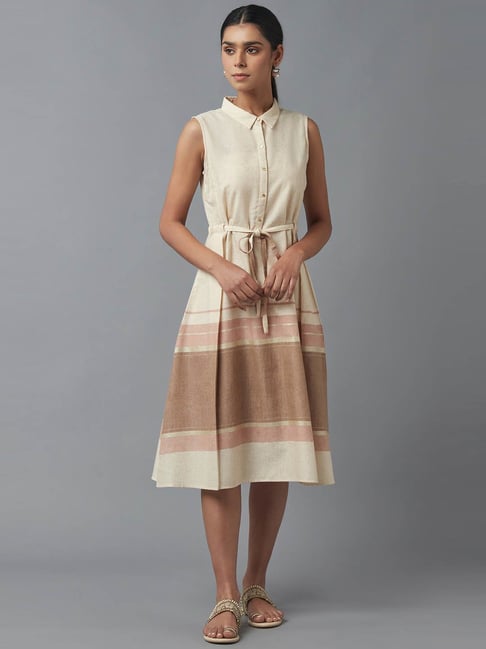 W Beige Striped A-Line Dress Price in India