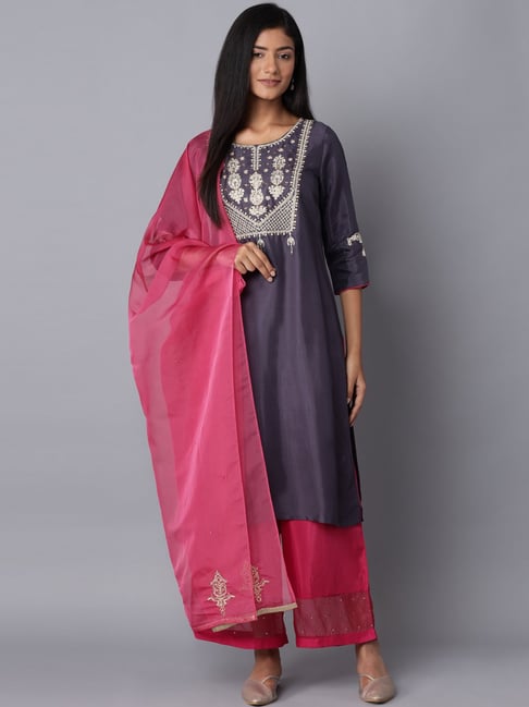 Wishful by W Blue & Pink Embroidered Kurta Palazzo Set With Dupatta Price in India