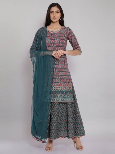 W Green & Pink Cotton Printed Kurta Palazzo Set With Dupatta