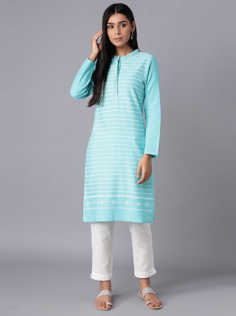 W Sky Blue Cotton Striped Kurta Pant Set Price in India