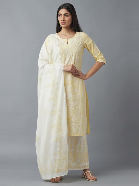 W Yellow Cotton Printed Kurta Palazzo Set With Dupatta