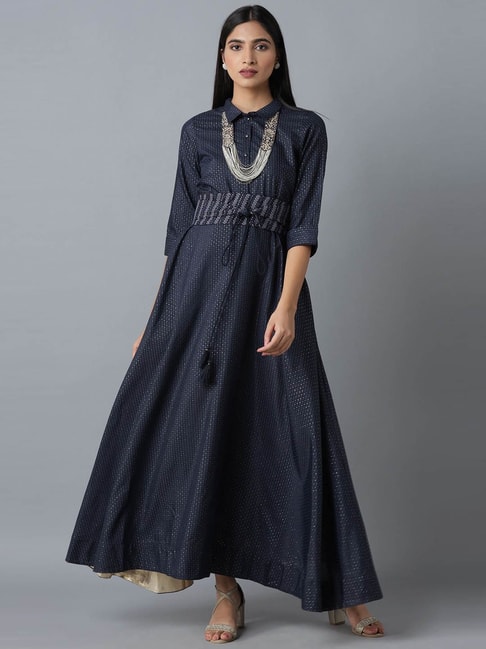 W Navy Printed Maxi Dress Price in India