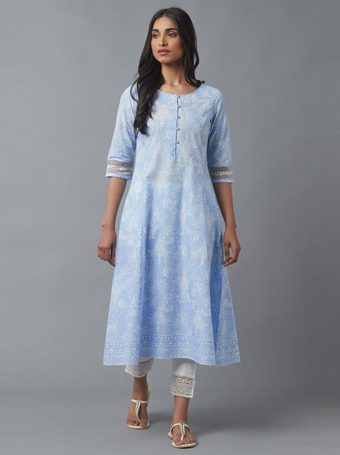 W Sky Blue Cotton Printed A Line Kurta