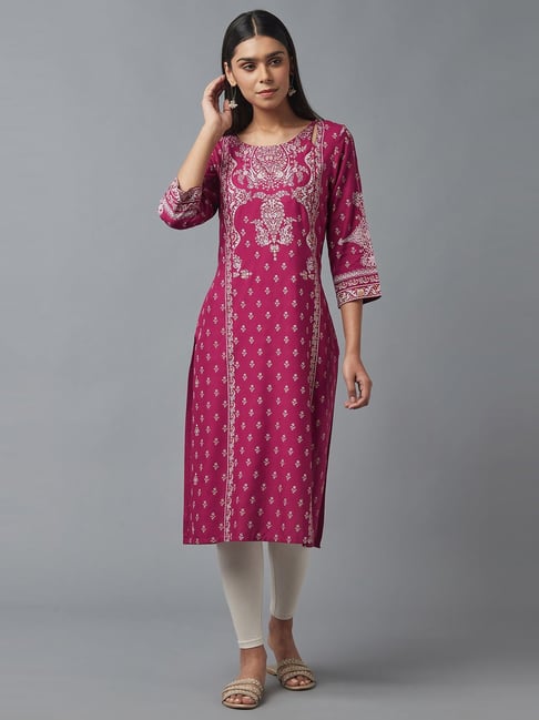 W Purple Printed Straight Kurta Price in India