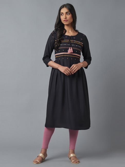 W Grey Embroidered A-Line Dress Price in India