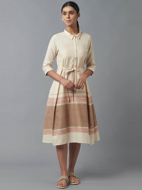 W Beige Striped A-Line Dress Price in India