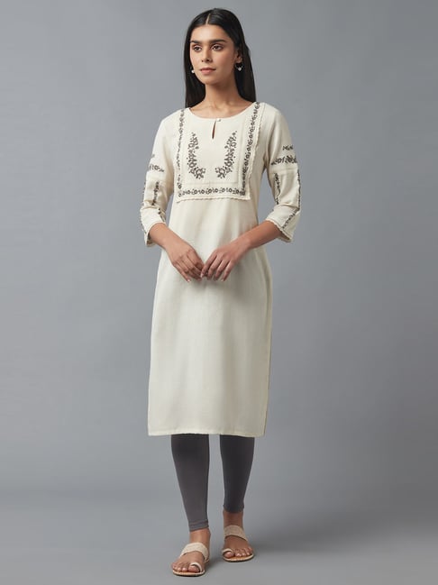 W Off-White Embroidered Straight Kurta