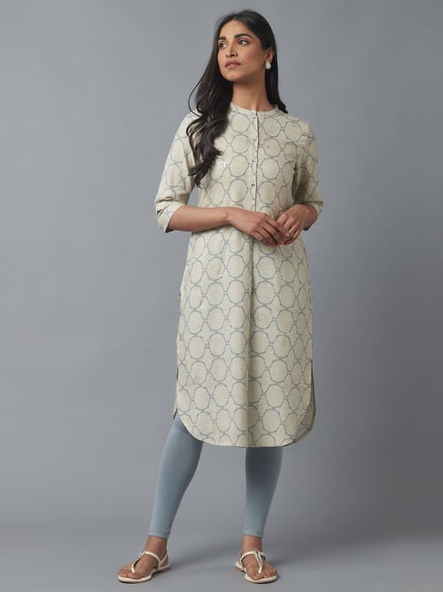 W Grey Printed Straight Kurta