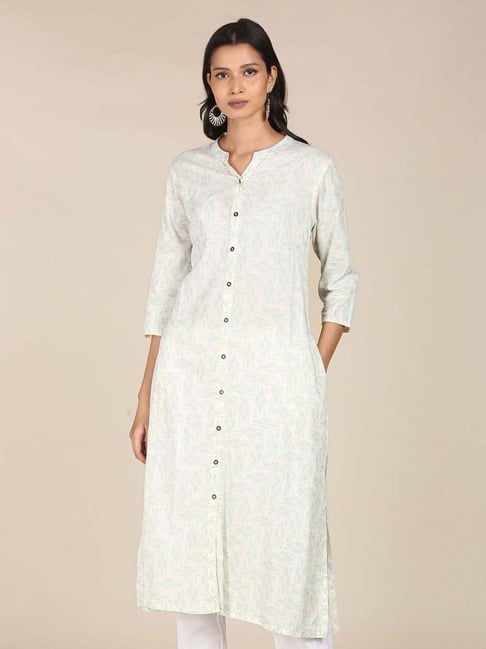 Karigari White Printed A Line Kurta