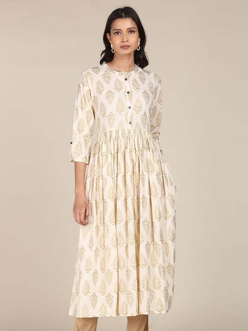 Karigari White Printed A Line Kurta