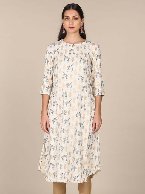 Karigari White Printed A Line Kurta