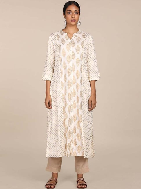 Karigari White Printed A Line Kurta