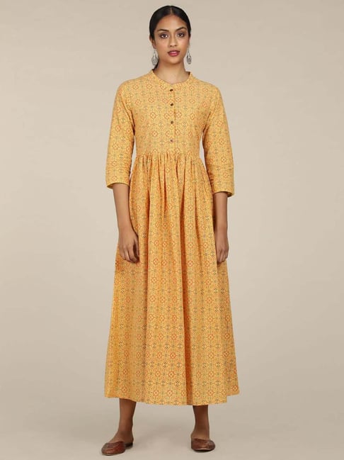 Karigari Yellow Cotton Printed A-Line Dress Price in India