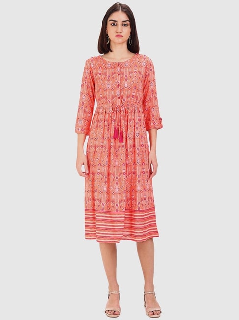 Karigari Orange Cotton Printed Dress Price in India