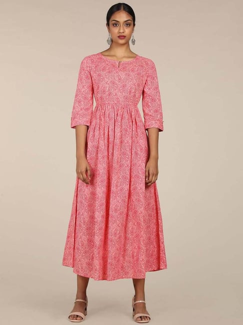 Karigari Pink Cotton Printed A-Line Dress Price in India
