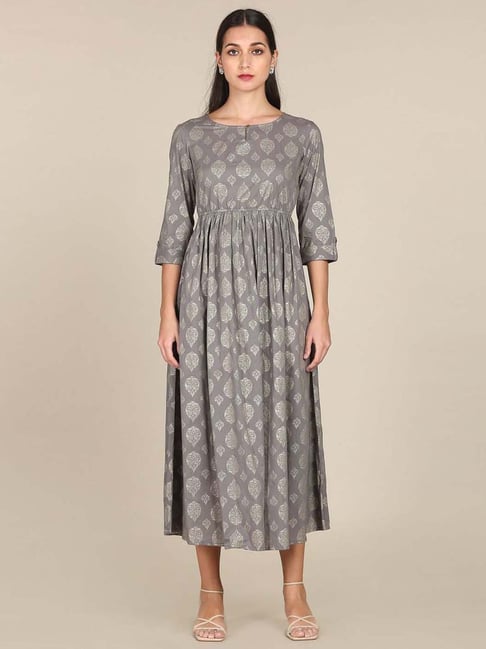 Karigari Grey Cotton Printed A-Line Dress Price in India