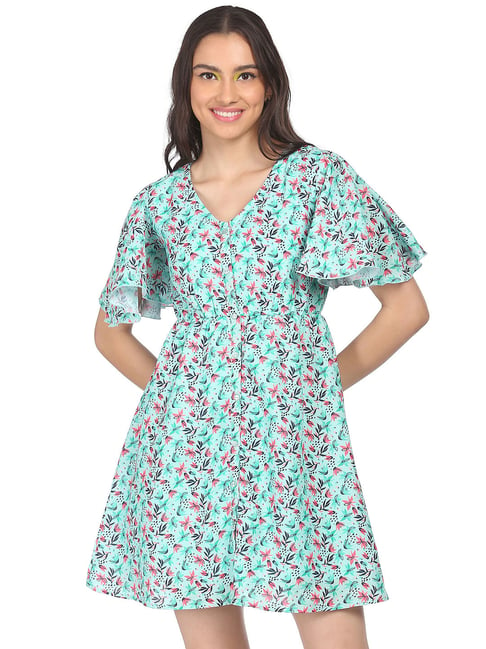 Sugr Blue Floral Print A-Line Dress Price in India