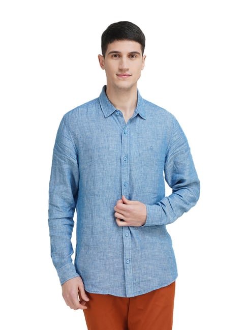 United Colors of Benetton Blue Cotton Slim Fit Self Pattern Shirt