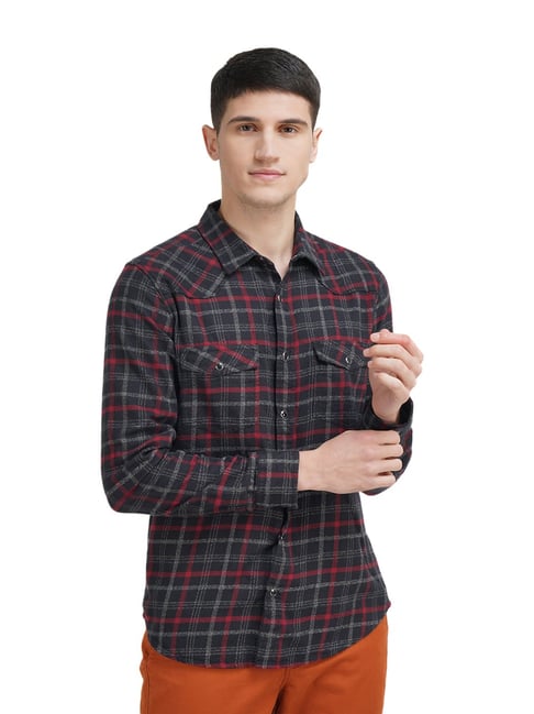 United Colors of Benetton Black Cotton Slim Fit Checks Shirt