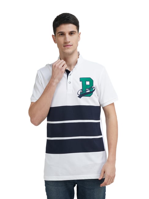 United Colors of Benetton White Cotton Regular Fit Striped Polo T-Shirt