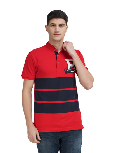 United Colors of Benetton Red Cotton Regular Fit Striped Polo T-Shirt