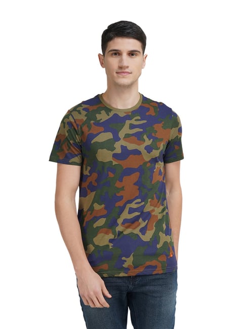 United Colors of Benetton Olive Green Cotton Regular Fit Camouflage T-Shirt