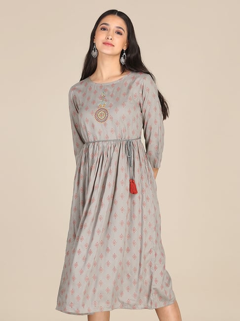 Karigari Light Grey Cotton Embroidered Dress Price in India