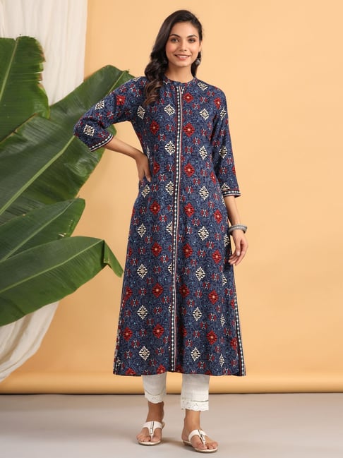 Juniper Indigo Ethnic Motif Printed Rayon A-Line Kurta With Buttons-picture-26