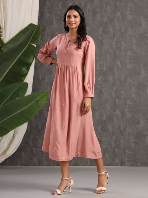 Juniper Women'S Onion Pink Rayon Solid Maxi Dress With Mirror Embroidery And Full Sleeve