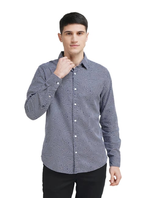 United Colors of Benetton Blue Cotton Slim Fit Printed Shirt