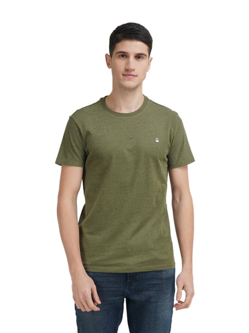 United Colors of Benetton Olive Green Cotton Regular Fit Self Pattern T-Shirt