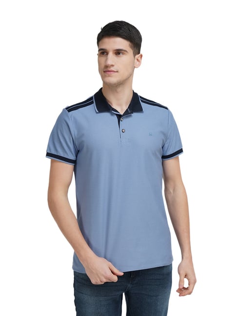 United Colors of Benetton Blue Cotton Regular Fit Self Pattern Polo T-Shirt