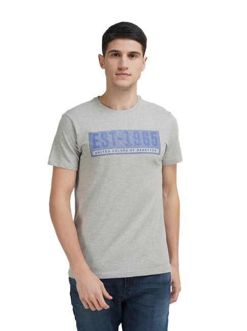 United Colors of Benetton Grey Cotton Regular Fit Printed T-Shirt